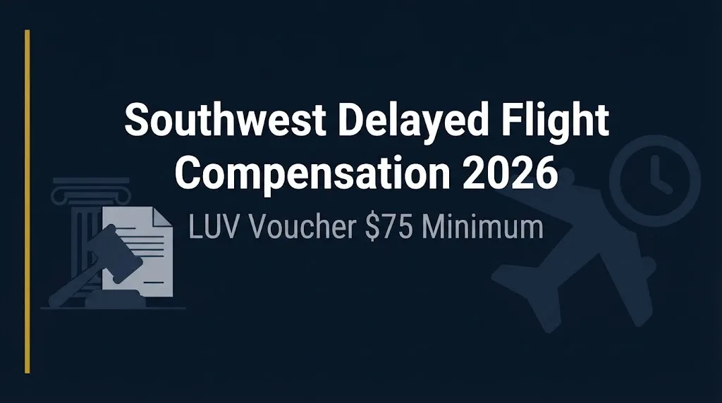 Southwest delayed flight compensation 2026 banner showing $75 LUV Voucher minimum and legal news design.
