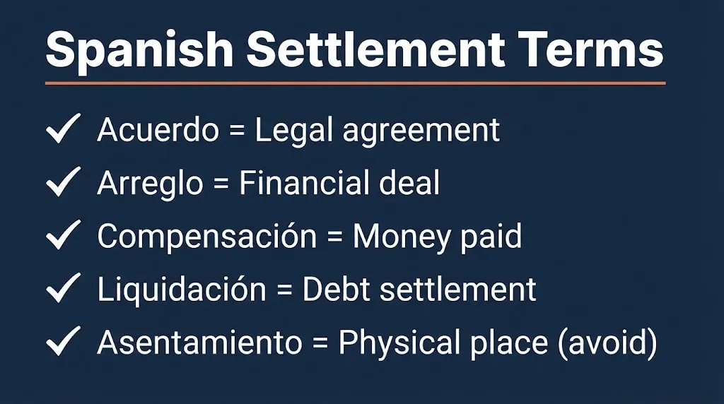 Spanish settlement terms checklist showing correct translations for legal and financial contexts.