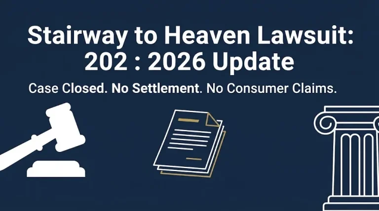 Stairway to Heaven lawsuit 2026 update banner showing case closed status and no consumer settlement.