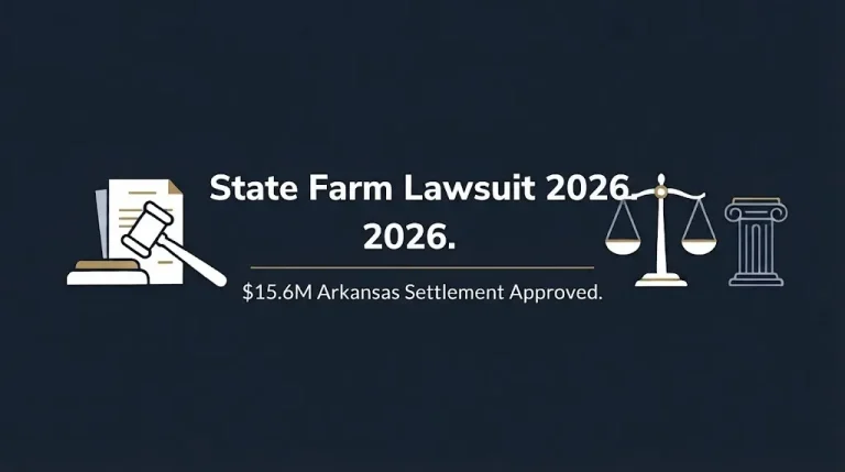 State Farm lawsuit 2026 hero banner with $15.6M Arkansas settlement fact and legal symbols on navy background.