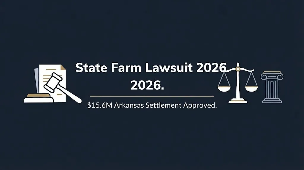 State Farm lawsuit 2026 hero banner with $15.6M Arkansas settlement fact and legal symbols on navy background.