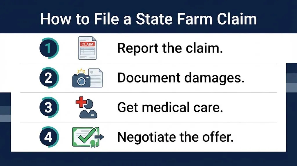 State Farm settlement claim steps showing report, document, medical care, and negotiation.