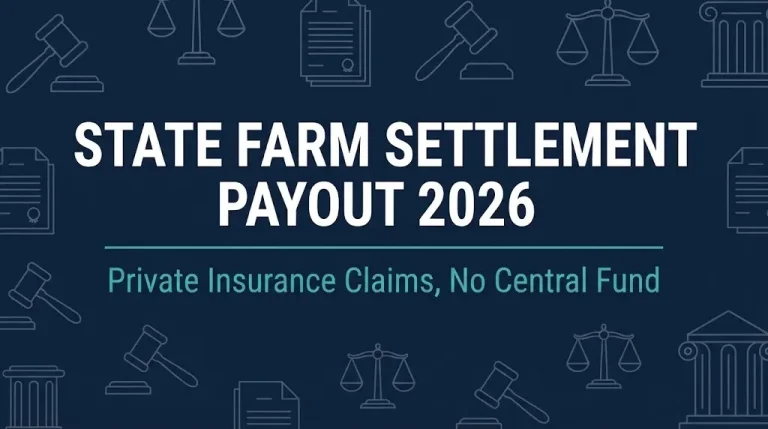 State Farm settlement payout 2026 hero banner with gavel and scales symbols.