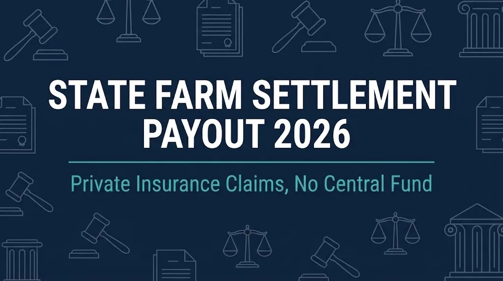 State Farm settlement payout 2026 hero banner with gavel and scales symbols.