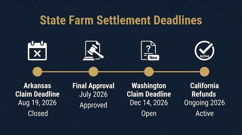 State Farm settlement timeline showing Arkansas claim deadline, Washington deadline, and California refunds.