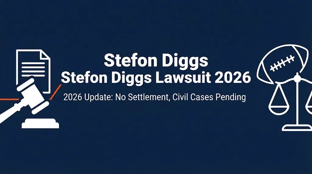 Stefon Diggs lawsuit 2026 banner with gavel icon and No Settlement notice.