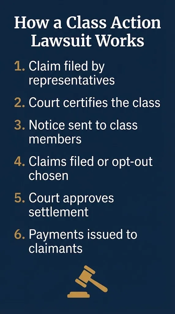 Step-by-step diagram showing how a class action lawsuit works from filing through final payment.