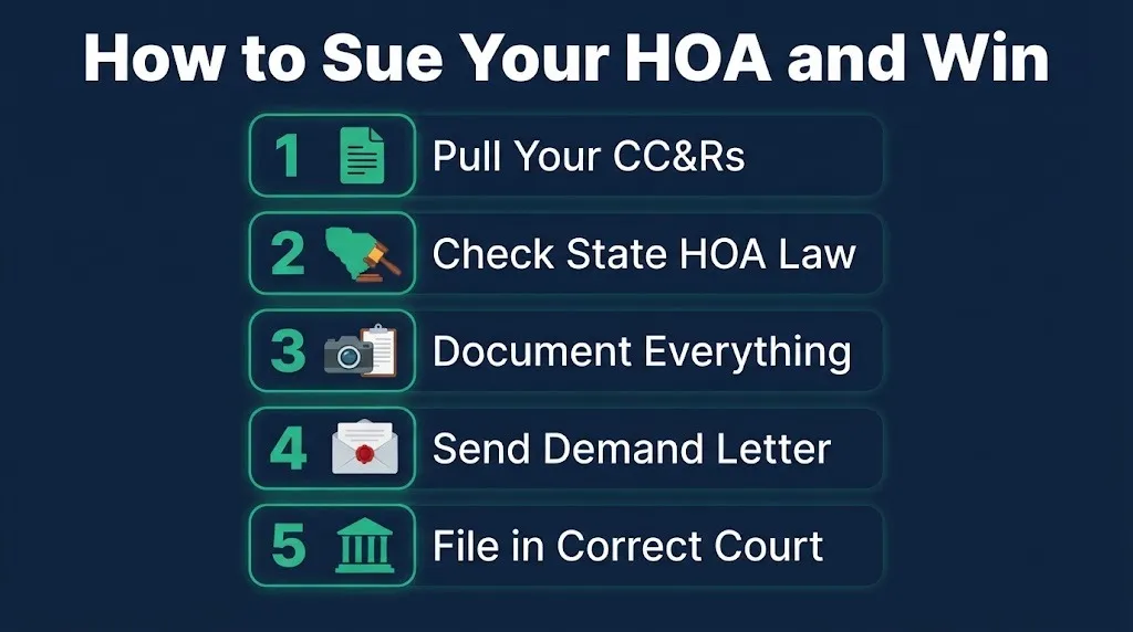 Step-by-step graphic showing how a homeowner can sue and win a lawsuit against their HOA.