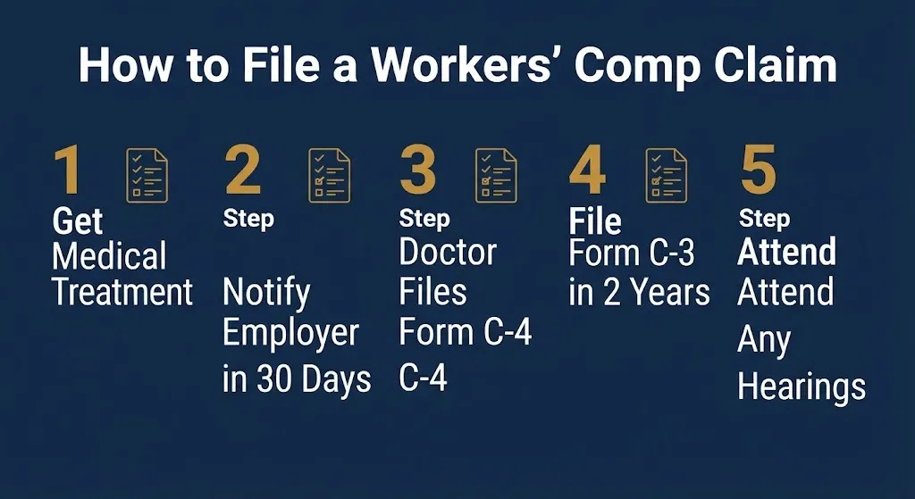 Step graphic showing how to file a Long Island workers compensation claim with New York's filing deadlines.