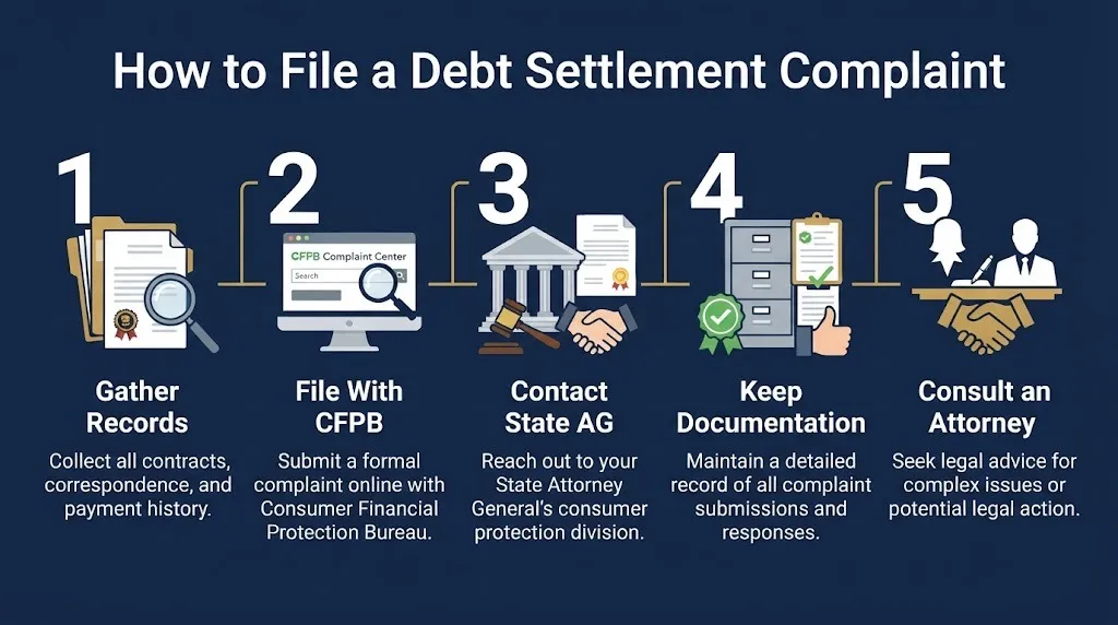 Steps to file a debt settlement complaint through records, CFPB, state attorney general, and attorney consultation.