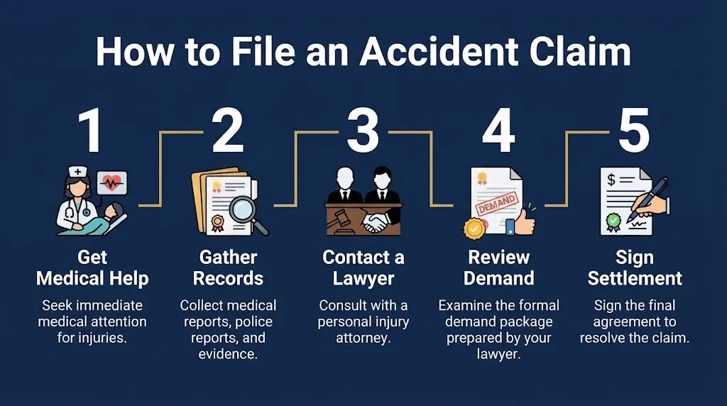 Steps to file an accident claim from medical help through records, lawyer contact, demand review, and settlement.