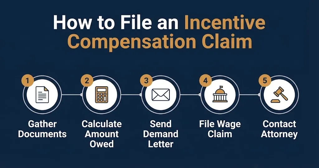 Steps to file an incentive compensation claim showing document gathering and attorney contact.