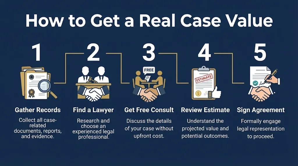 Steps to get a real personal injury case value through records, lawyer consultation, and estimate review.