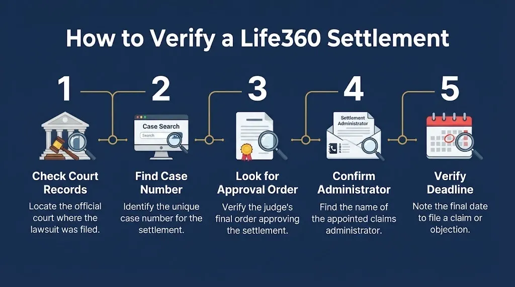 Steps to verify a Life360 settlement through court records, approval orders, and administrator confirmation.