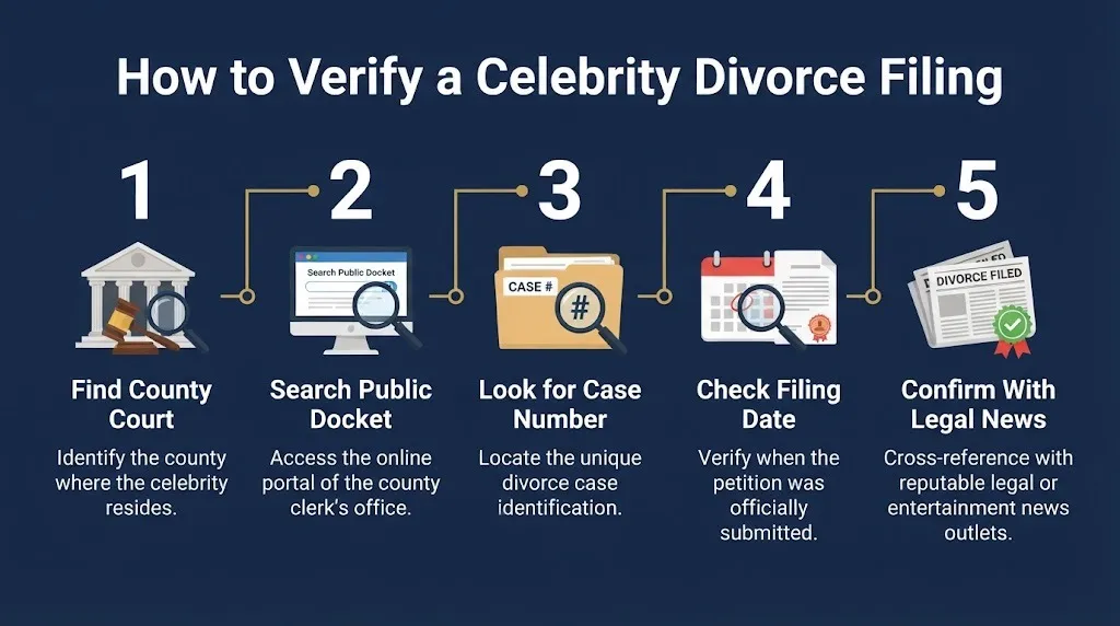 Steps to verify a celebrity divorce filing through court records, case numbers, and legal news sources.