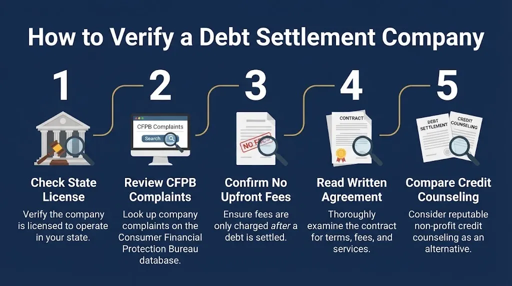 Steps to verify a debt settlement company through licensing, complaints, fee rules, and credit counseling comparison.