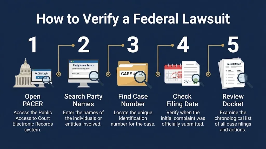 Steps to verify a federal lawsuit through PACER, party name search, case number, and docket review.