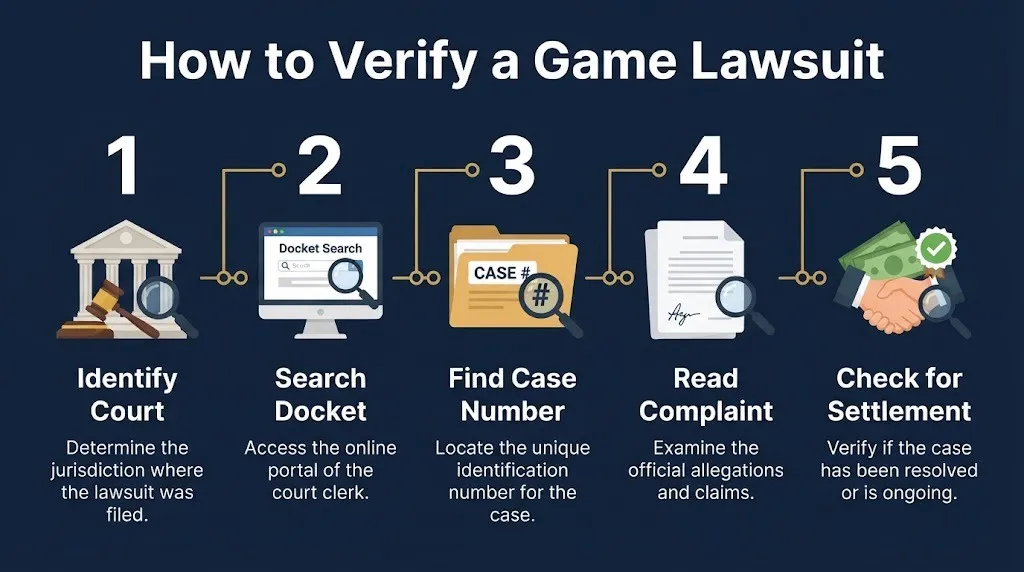 Steps to verify a game lawsuit through court records, case numbers, complaint review, and settlement checks.