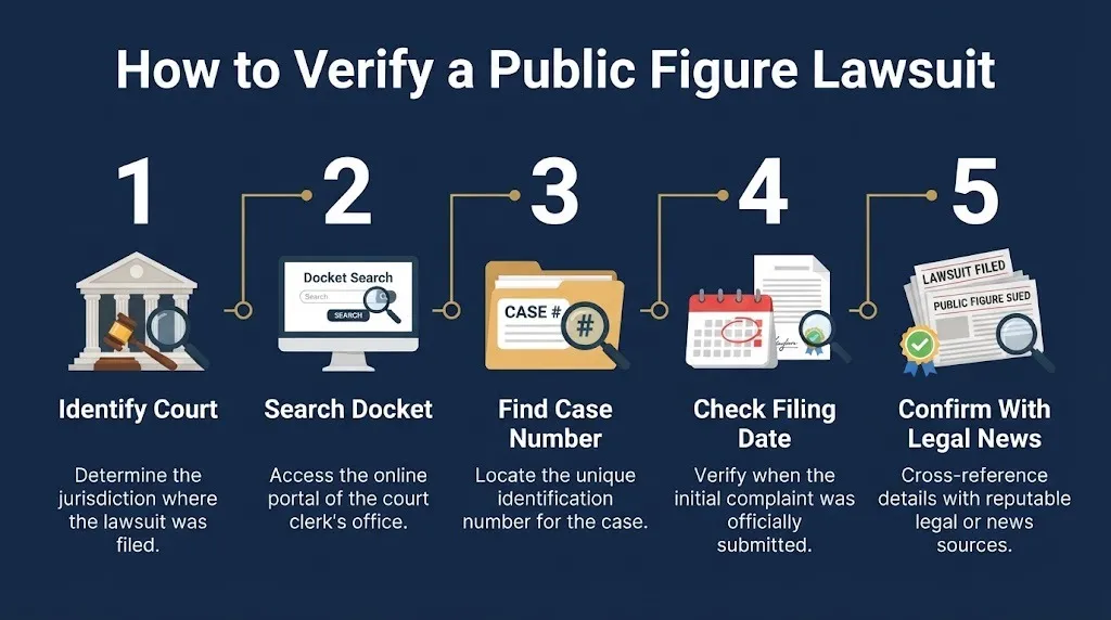Steps to verify a public figure lawsuit through court records, case numbers, filing dates, and legal news sources.
