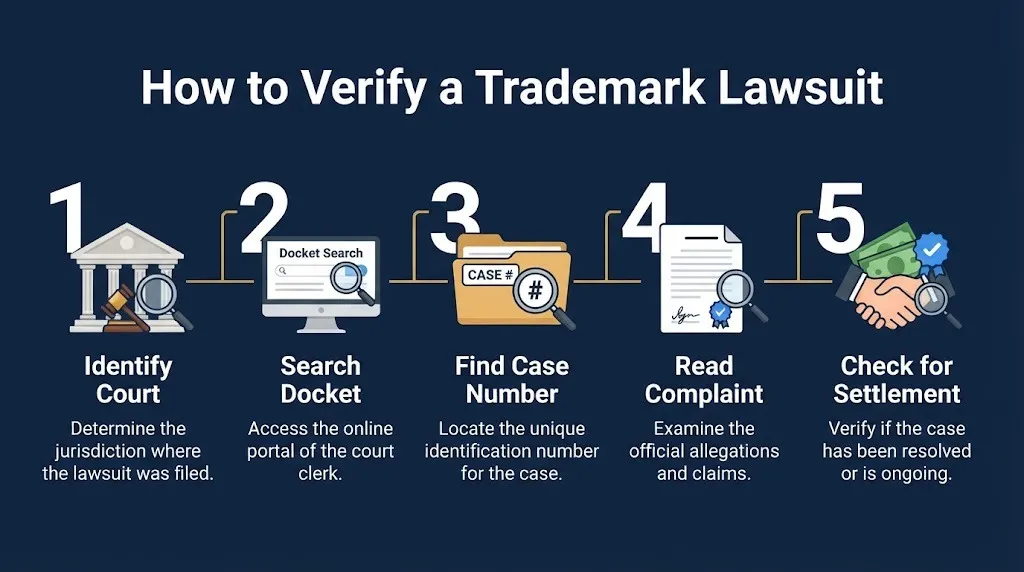 Steps to verify a trademark lawsuit through court records, case numbers, complaint review, and settlement checks.