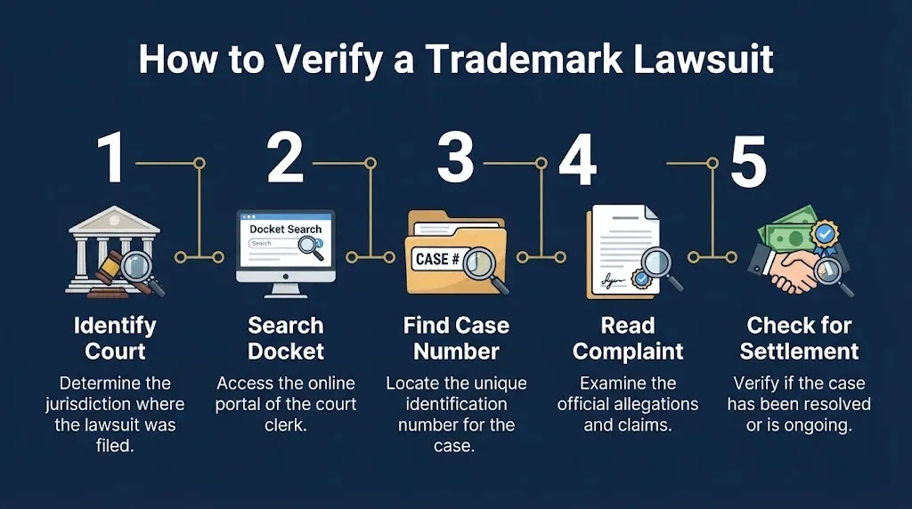 Steps to verify a trademark lawsuit through court records, case numbers, complaint review, and settlement checks.