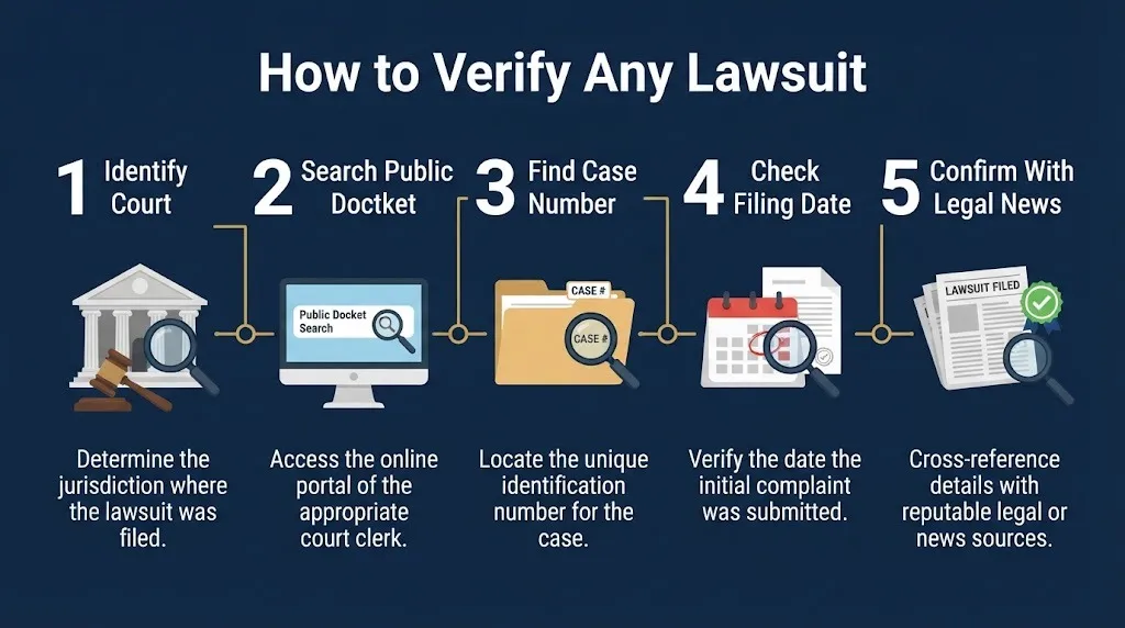 Steps to verify any lawsuit through court records, case numbers, filing dates, and legal news sources.