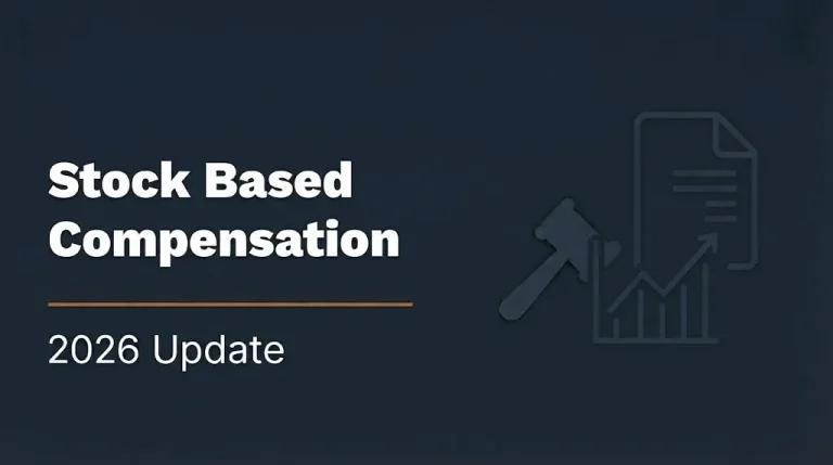 Stock based compensation 2026 banner with gavel and stock chart illustration on navy background