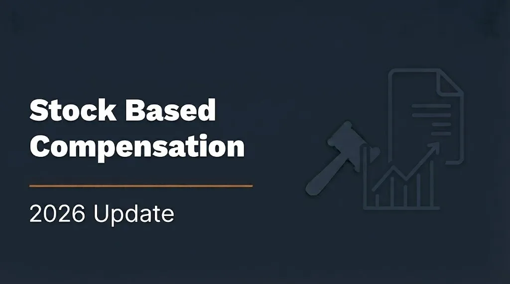 Stock based compensation 2026 banner with gavel and stock chart illustration on navy background