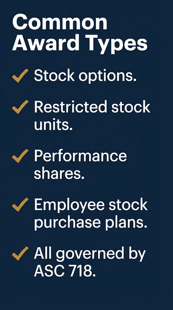 Stock based compensation award types checklist with five items on navy infographic