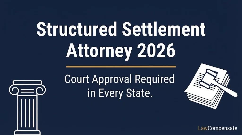 Structured settlement attorney 2026 banner showing court approval required in every state except New Hampshire.