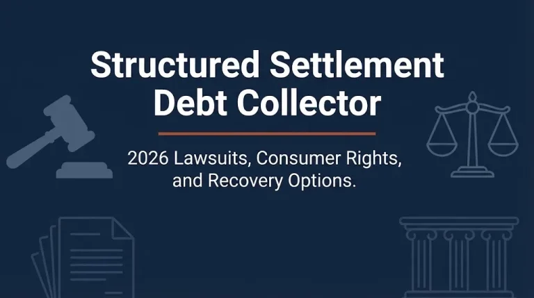 Structured settlement debt collector lawsuit 2026 consumer rights banner with legal icons on navy background.