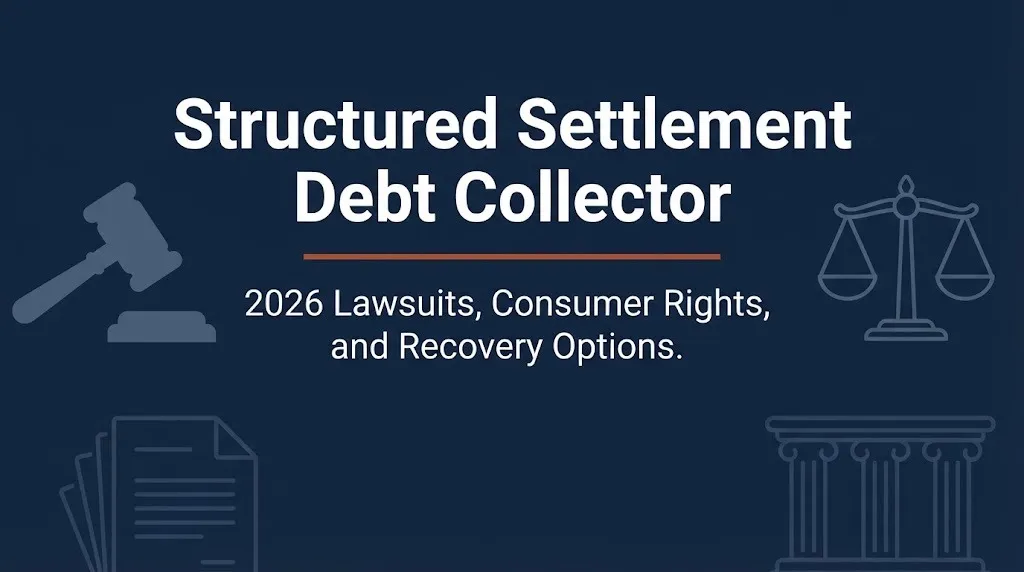 Structured settlement debt collector lawsuit 2026 consumer rights banner with legal icons on navy background.