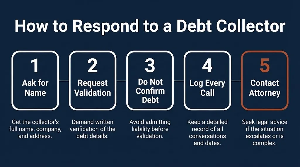 Structured settlement debt collector response steps infographic showing five actions consumers should take.