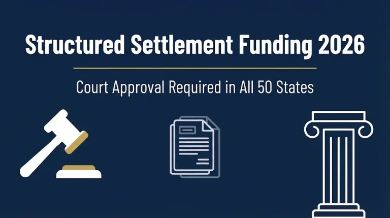 Structured settlement funding 2026 infographic banner with gavel and court approval requirement