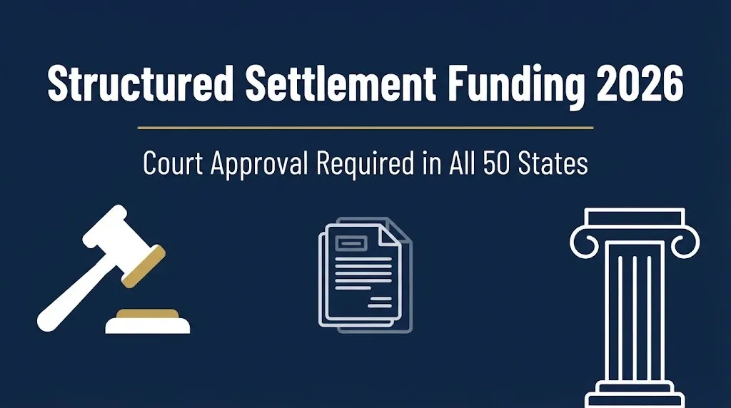 Structured settlement funding 2026 infographic banner with gavel and court approval requirement