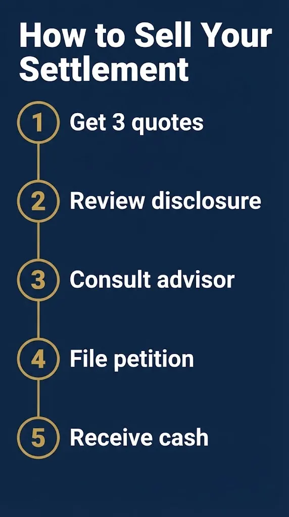 Structured settlement funding steps graphic showing five steps to sell future payments for cash