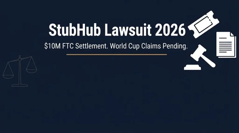 StubHub lawsuit 2026 banner showing $10M FTC settlement and pending World Cup claims.