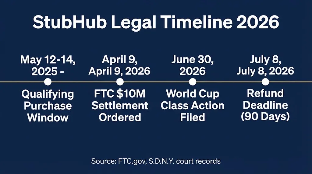 StubHub lawsuit timeline showing FTC settlement dates and World Cup class action filing.