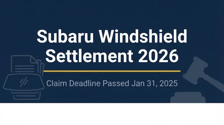 Subaru windshield settlement 2026 hero banner with gavel and windshield icons