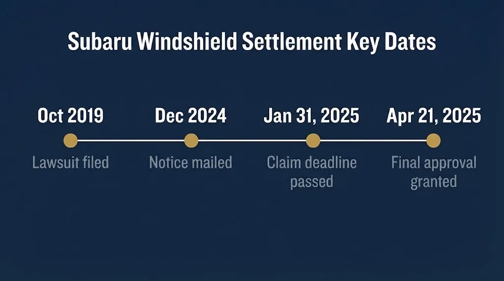 Subaru windshield settlement timeline from 2019 lawsuit to 2025 final approval