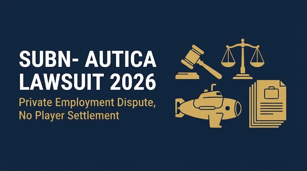 Subnautica lawsuit 2026 headline with gavel and submarine icon showing private employment dispute with no player settlement.