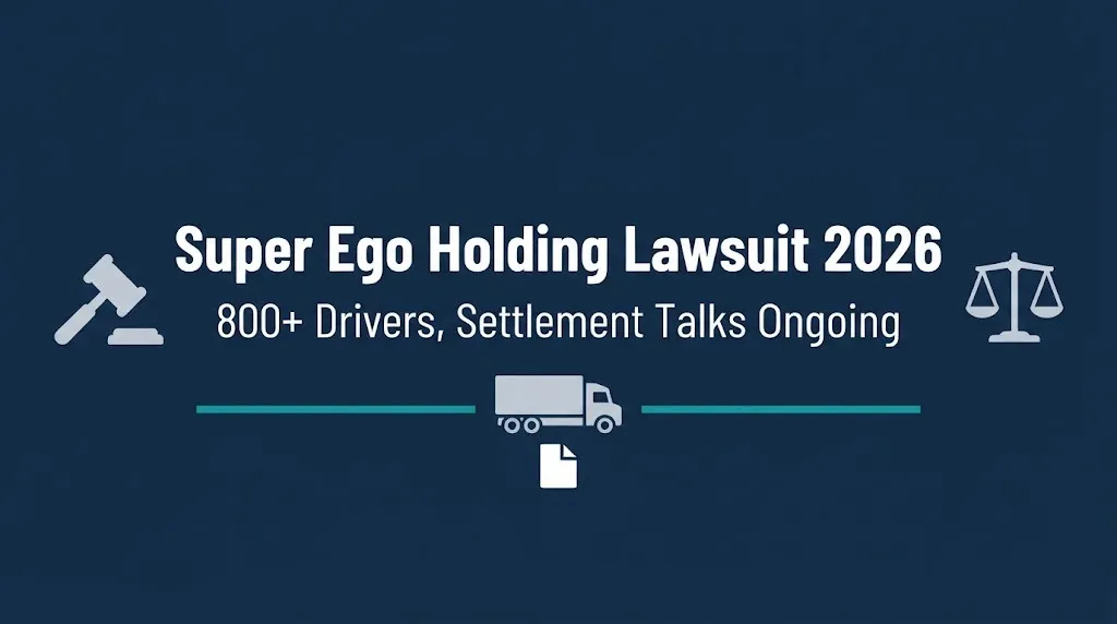 Super Ego Holding lawsuit 2026 hero banner with 800+ drivers and settlement talks ongoing.