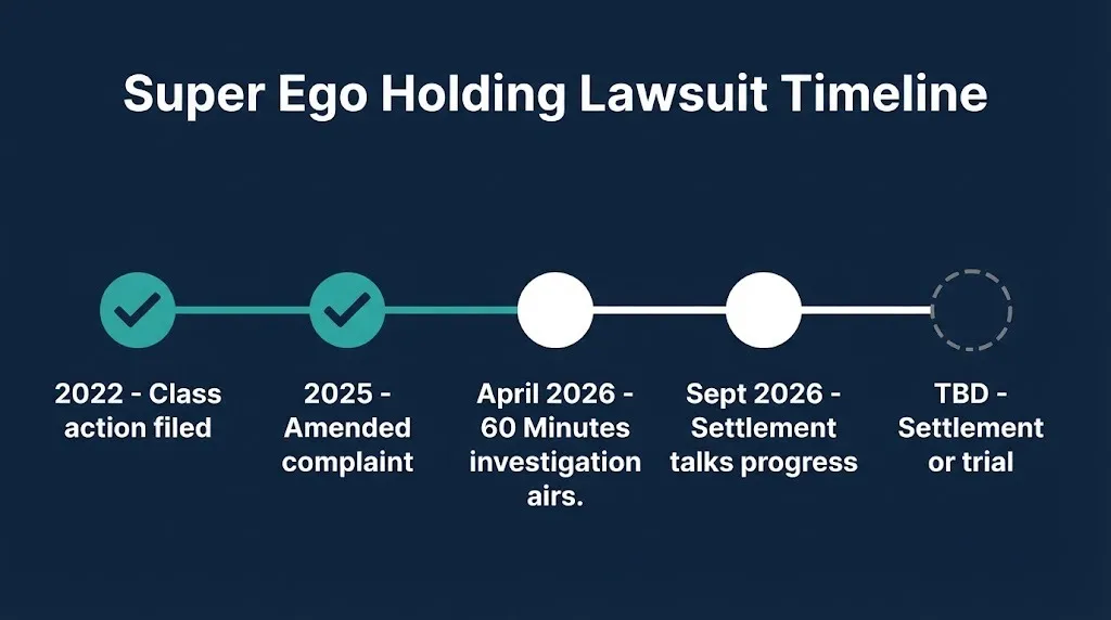 Super Ego Holding lawsuit timeline from 2022 filing through September 2026 settlement talks.