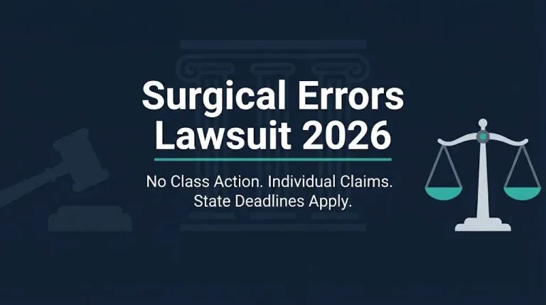 Surgical errors lawsuit 2026 banner with gavel and scales on navy background