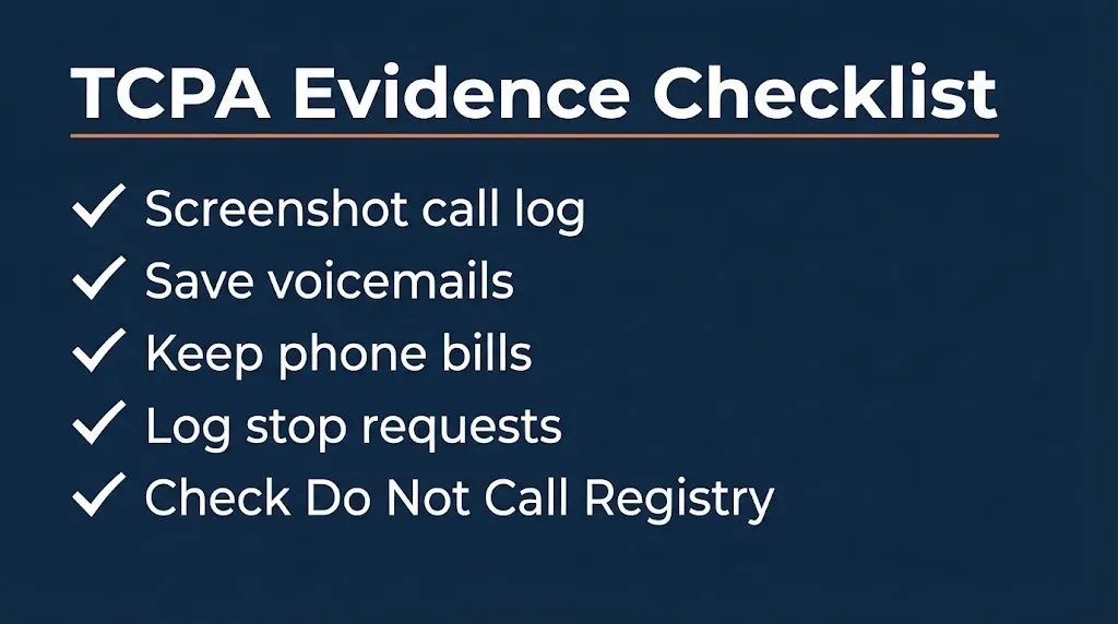 TCPA evidence checklist showing documentation steps for unwanted calls and texts claims.
