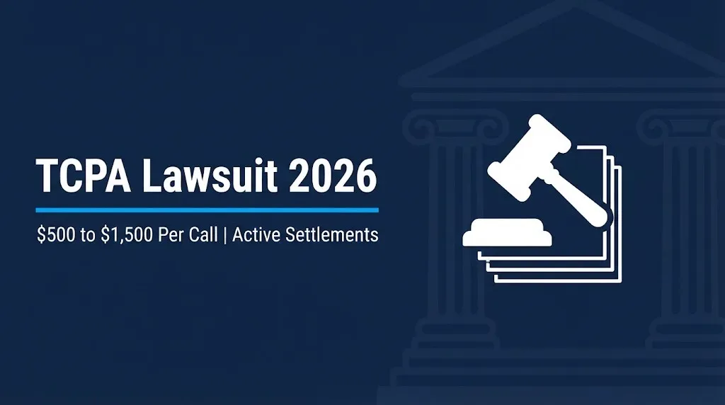 TCPA lawsuit 2026 banner showing $500 to $1,500 per call damages and active settlements.
