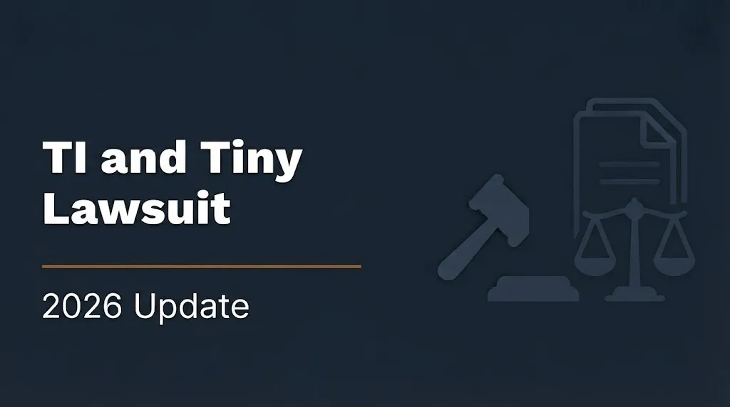 TI and Tiny lawsuit 2026 update banner with gavel and scales illustration on navy background