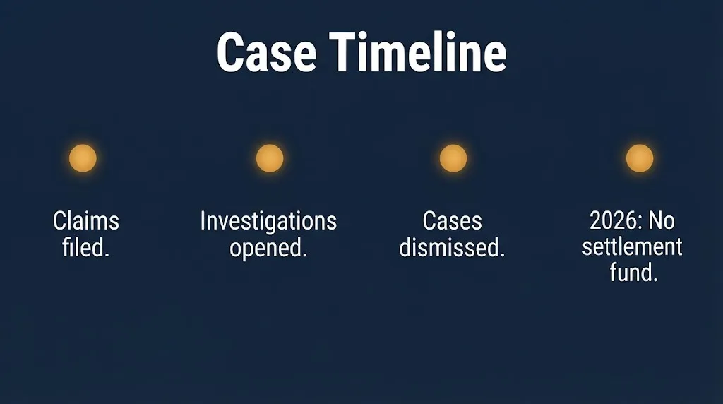 TI and Tiny lawsuit timeline showing claims, investigations, dismissals, and 2026 status on navy infographic