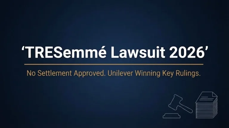 TRESemmé lawsuit 2026 update banner showing no settlement approved and Unilever winning key rulings.