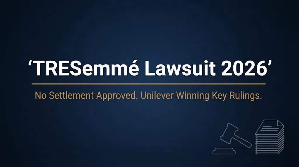 TRESemmé lawsuit 2026 update banner showing no settlement approved and Unilever winning key rulings.